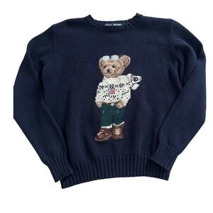Vintage Ralph Lauren Navy Blue Polo Bear Cotton Knit Sweater Womens Small
